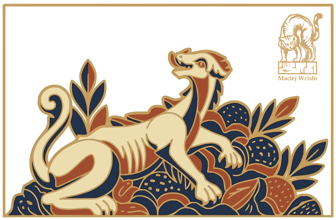 Wizualizacja modernistycznego godła "Smok" z ul. Bolesława Komorowskiego 9 w Krakowie (Półwsie Zwierzynieckie, dzielnica VII Zwierzyniec). Nietypowy, "owłosiony" smok w kolorach kremowym, złotym i ceglastym na granatowym tle, przypominający psa. Ilustracja metaforyczna do eseju o eksploracji krakowskich kawern, należących do kompleksu Twierdzy Kraków (Bodzów, Kostrze, Pychowice, Wielkanoc).