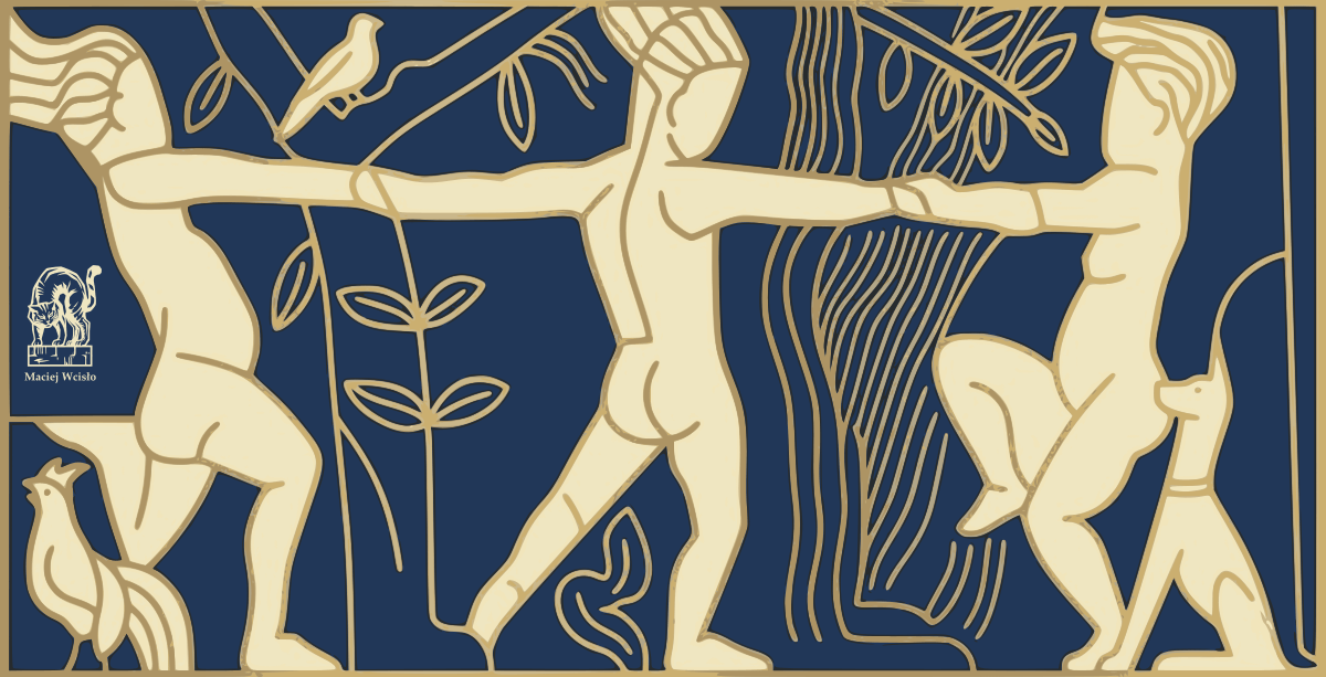 Wizualizacja modernistycznego godła kamienicy Tańczące Dzieci (Zwierzyniec) w kolorach granatu i złota. Ilustracja symboliczna do eseju o pętli tramwajowej Walcownia w Nowej Hucie, stanowiąca metaforę sielanki w przestrzeni industrialnej.