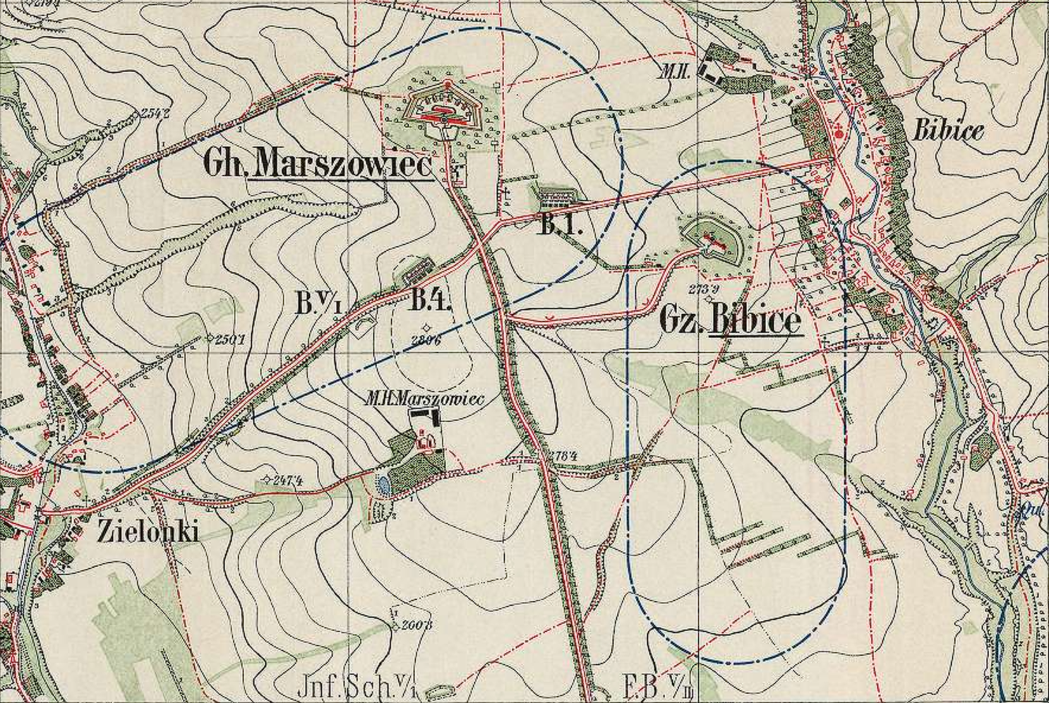 Fragment austriackiej mapy wojskowej Twierdzy Kraków (Festung Krakau) z przełomu XIX i XX wieku. Skan arkusza Blatt 9 Gebułtów prezentujący umocnienia V obszaru warownego i grupę Marszowiec w skali 1:10 000.
