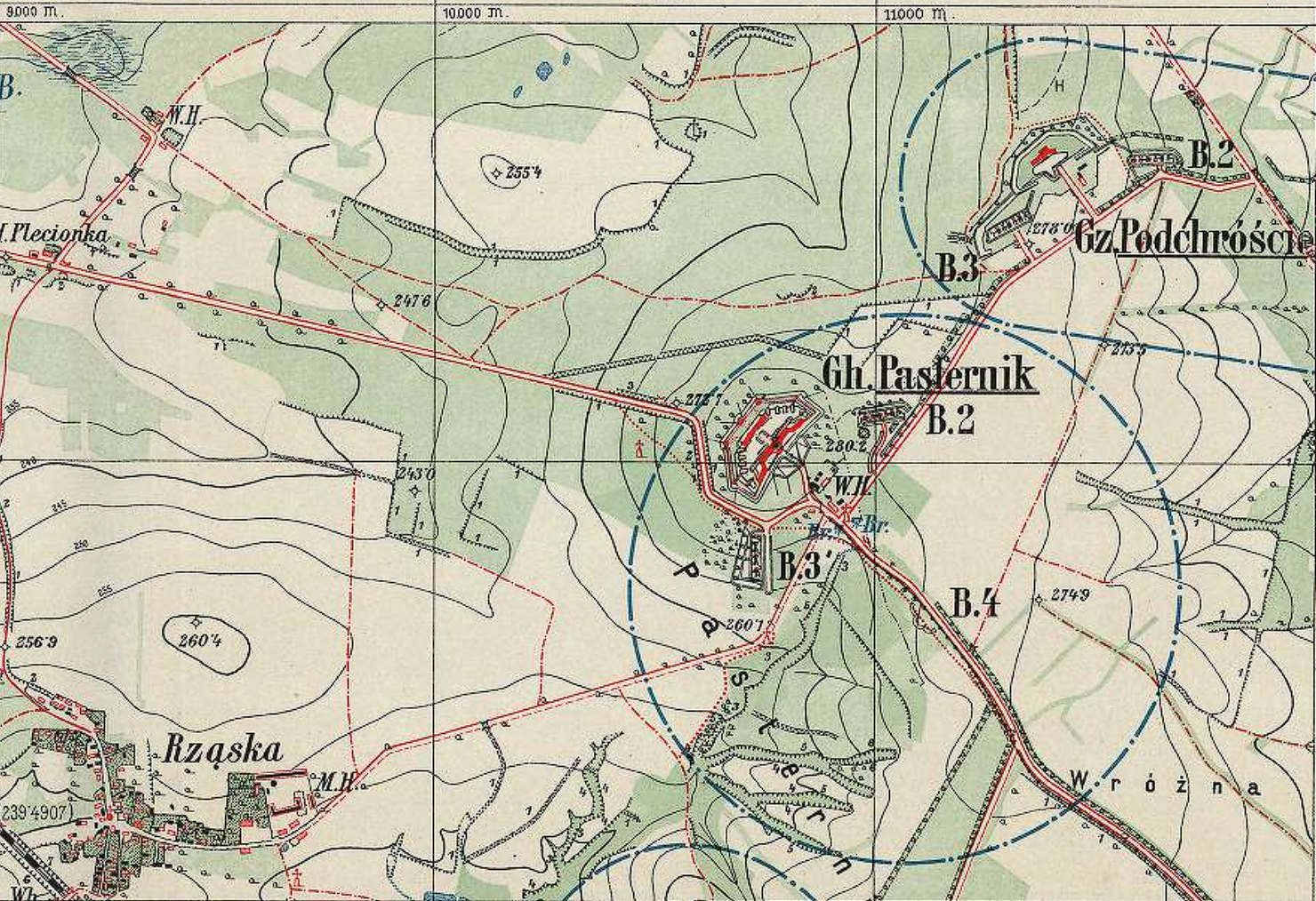 Fragment archiwalnej mapy wojskowej Twierdzy Kraków (Festung Krakau) z ok. 1900 roku. Arkusz Blatt 14 Rząska przedstawiający Fort Pasternik, Fort Podchruście oraz baterię towarzyszącą B3 Pasternik.