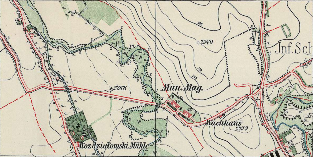 Fragment archiwalnej mapy austriackiej Blatt 15 Witkowice (Festung Krakau). Widoczne nieistniejące już budynki prochowni w Witkowicach, zniszczone w wyniku eksplozji w 1927 roku. V sektor/obszar warowny Twierdzy Kraków.
