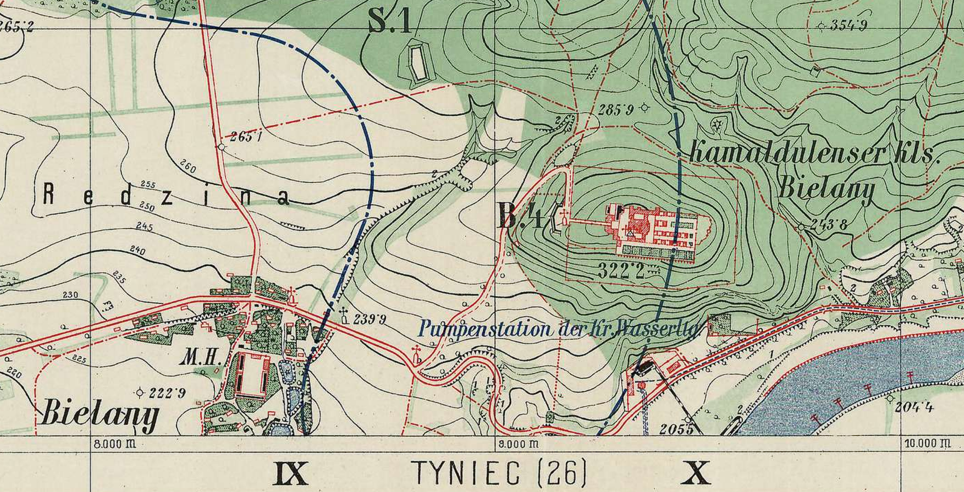 Archiwalna austriacka mapa wojskowa Twierdzy Kraków z początku XX wieku. Fragment arkusza Blatt 20 OLSZANICA ukazujący rejon Bielan, Wodociągów Miejskich i serpentyny dzisiejszej ulicy Księcia Józefa przed wybudowaniem Fortu Krępak.
